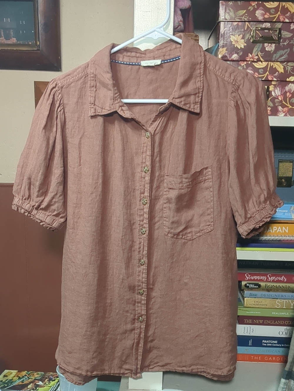 Pilcro Rust Brown Short-Sleeve Linen Button Front Top Size Small